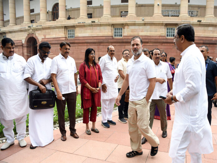 Rahul Gandhi addresses a press conference in Parliament
