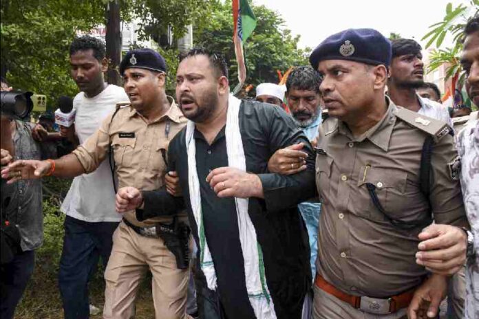 Tejashwi Yadav during the protest in Patna